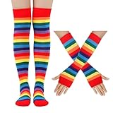 ZORVYN 1 pieza conjunto arcoíris para mujer, guantes largos sin dedos, calcetines altos rayados, medias largas, accesorios para fiesta, cosplay, carnaval (arcoíris)