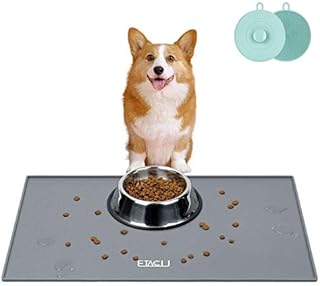 ETACCU Pet Feeding Mat, Dog Food Mat Non Slip Cat Bowl Mat 48 x 30cm, Waterproof Dog Feeding Tray Pet Placemat Pet Food Pad (Straight Edge Silicone-Grey)