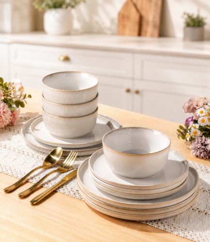 Image of GBHOME Ceramic Dinnerware Sets for 4, 12 Pieces Stoneware Plates and Bowls Sets, Scratch Resistant Dishes, Dishwasher & Microwave Safe, Reactive Glaze