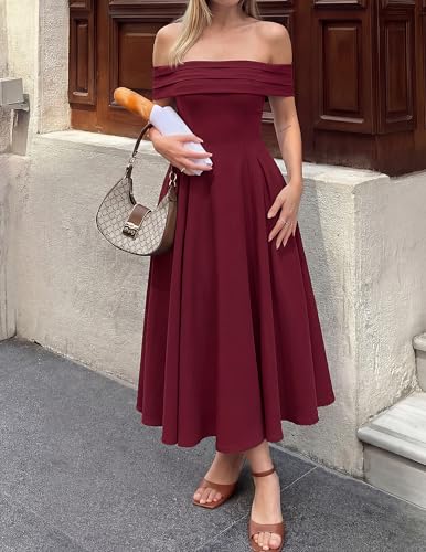 Image of ZESICA Summer 2026 Cocktail Dresses for Women's Off Shoulder Short Sleeve Swing A Line Wedding Evening Party Midi Dress
