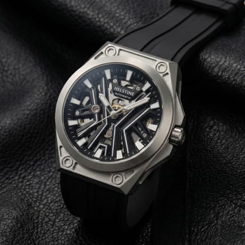 Image of Men's Automatic Mechanical Skeleton Watch, 48-Hour Power Reserve, Stainless Steel Case 47mm, Black Dial, Hardlex Glass, Luminous Hands, 5ATM Water Resistant, Silicone Strap