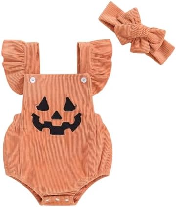 FIOMVA Halloween Baby Clothes Newborn My First Halloween Baby Girl Outfit Infant Ghost Ruffle Romper Fall Winter Clothes