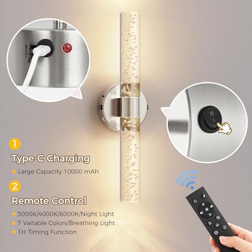 Image of DORESshop Battery Operated Wall Sconces Set of 2, 10000mAh Rechargeable Wall Sconce with Bubble Crystal, 9 Color Dimmable Wireless Wall Sconce, Sconce Wall Decor for Living Room, Bedroom, Nickel 18in