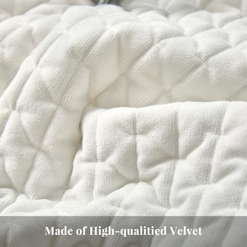 WARMDERN Luxury Velvet Quilt Set Queen Size, Cross Stitch Quilts Striped Bedding Set, Soft Lightweight Bedspread and Coverlet with 2 Pillow Shams for All Season, White, 90" x 96"
