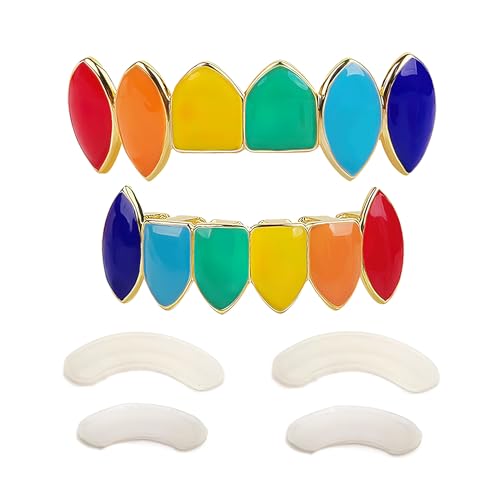 69 Gold Grillz Rainbow Style Like Tekashi69 Set 24K Plated Gold Teeth Grillz for Men + Storage Case + Microfiber Cloth