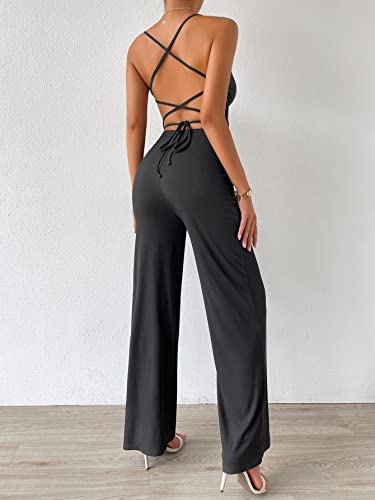 Wdirara Women's Lace Up Backless Cami Spaghetti Strap Sleeveless Jumpsuit Romper Black S #TOP1