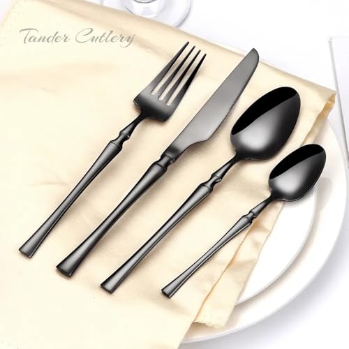 Image of aDai Matte Black Silverware Set | Satin Finish 4-Piece Korean Vintage Style Flatware Set | Dishwasher Safe Stainless Steel Cutlery for Home, Restaurant & Gifting