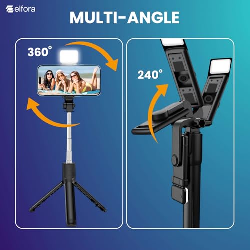 Image of Elfora R1S Selfie Stick Tripod Stand | Bluetooth Wireless Remote with Rechargeable LED Light | 2 Brightness levels for Vlogging & Photoshoots | Extendable Tripod for All Smartphones and iPhones(Black)