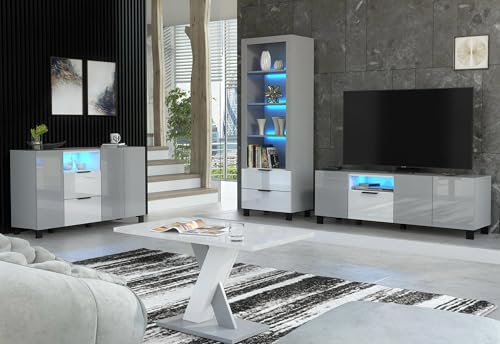Furneo Enzo 02 14 16 18 Ensemble de salon avec meuble TV, buffet, table basse, éclairage LED Gris Blanc mat