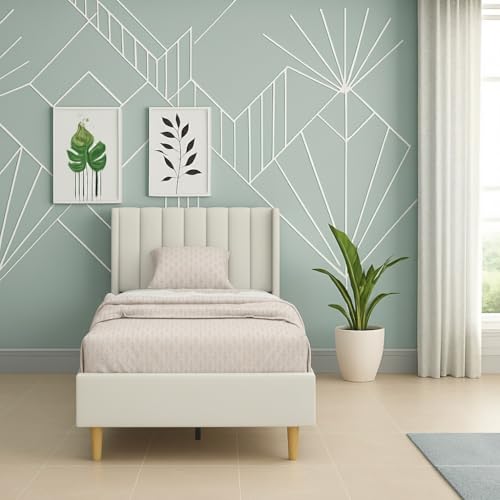 Image of Modern Upholstered Single Size Bed Without Storage | Single Size Bed for Bedroom with Headboard | Palang Furniture for Guest Room, Hotels and Home | Cream, (Cream)