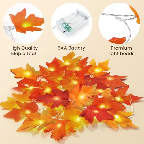 Moocii Fall String Lights Thanksgiving Decorations: Maple Leaf Garland with Lights Total 20ft 40 LED Orange Bulbs Battery Operated Fall Decor for Home Indoor Outdoor Room Autumn Harvest Halloween - Image 4
