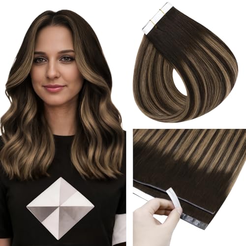 Image of Full Shine Invisible Tape in Hair Extensions Human Hair, 2 /8 /2 Dark Brown with Honey Brown Highlights, Wide Weft Tape in Extensions Silky Straight Brazilian Extension 24 Inch 50g 1pcs Natural Look