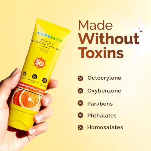Image of Mamaearth Vitamin C Daily Glow Sunscreen with Vitamin C & Turmeric for Toxin free Sun Protection - 125g | SPF 50 & PA++++ | Vitamin C for Glow | Turmeric Detans | In-Vivo Tested | Natural Goodness | Quick Absorbing