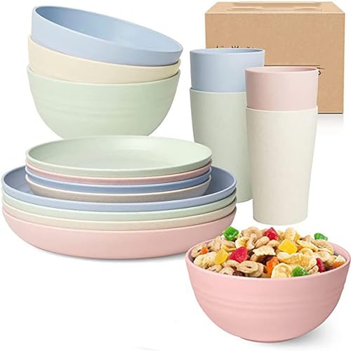 16 Pieces Bowl Set Tablewares, Wheat Straw Plates, Lightweight Degradable Dinner Plates Sets,Bowls, Cups, Tablewares Set, Dishwasher Safe Dinnerware Sets, Unbreakable Salad Plates by HmProFocus - Used condition - CA$24.74