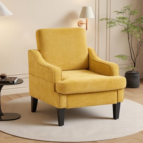 GAOHAPY Accent Chair for Living Room Mid-Century Arm Chair Chenille Fabric Living Room Chairs Upholstered Reading Chair for Bedroom Single Sofa Chair with Wood Legs for Apartment (Yellow)