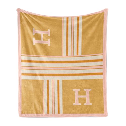 Ambesonne Letter H Soft Flannel Fleece Throw Blanket, Horizontal and Vertical Stripes with Gradient Color Zigzags Chevrons Art, Cozy Plush for Indoor and Outdoor Use, 60' x 80', Dark Yellow Eggshell