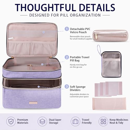 Image of Lexeeco Medicine Storage Bag Pill Bottle Organizer with Portable Small Pouch Travel Medication Bottle Organizer for Emergency Home First Aid Box Kit (Purple)
