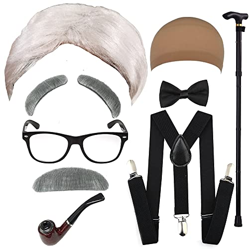 QNPRT Old Man Costume Wig for Kids 100 Days of School Costume for Boys and Adults Men Halloween,White