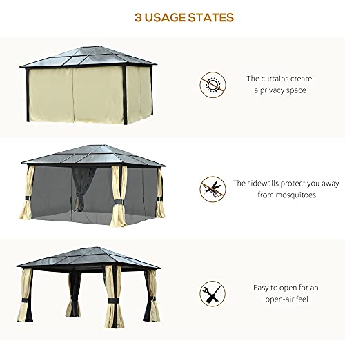 Outsunny 3.6 x 4m Hardtop Gazebo Canopy with Polycarbonate Roof and Aluminium Framework, Garden Pavilion with Insect Netting and Curtains - Image 6