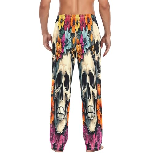 Qilmy Flowers And Plants Skull Men's Cotton Pajama Pants, Lightweight Lounge Sleepwear with Drawstring and Pocket3