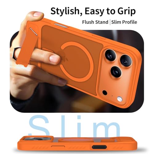 Image of Elzzi Translucent Matte Kickstand Compatible with Mag-Safe Case for iPhone 17 Pro Max, Built-in Adjustable Camera Stand, Magnetic Mag-Safe Shockproof Phone Cover (Coral)