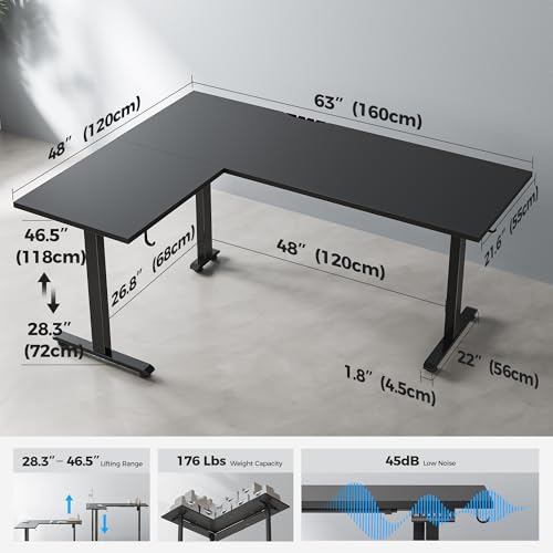 Image of Agilestic L Shaped Standing Desk 63 inch Adjustable Height, Electric Corner Standing Desk, Sit Stand Computer Table with Splice Board, Black