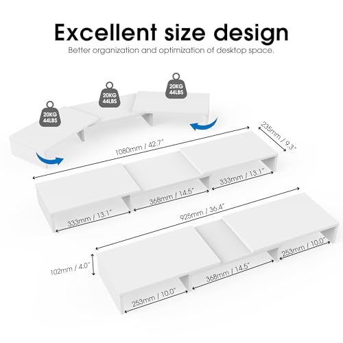 FITUEYES Dual Monitorständer aus Holz, Verstellbare Länge und Schwenkwinkel Bildschirmständer, Monitor Stand Riser für PC Monitor Laptop Drucker, 92,5-108x 23,5X 10,2 cm Weiß