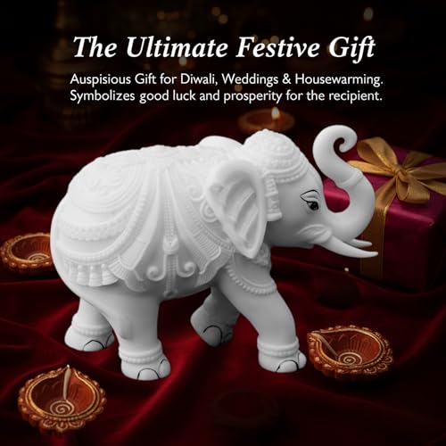 Elegant White Jumbo Elephant Statue Trunk Up | Handcrafted Marble Dust Decorative Piece for Prosperity Good Fortune | Impressive Housewarming & Diwali Gift (8 x 10.5 inch) — photo — 4 of 9