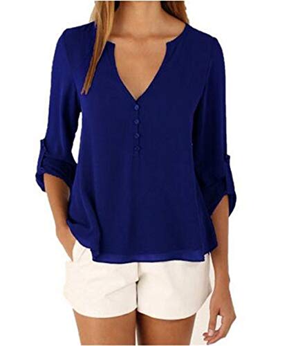 Chemise Femme Chemisier Mousseline de Soie Button Up T-Shirt Solide Tunique Femme Chic Manches Longues Lâche Tops Blouse Casual Pull Haut Col V (Bleu, XL) Cover