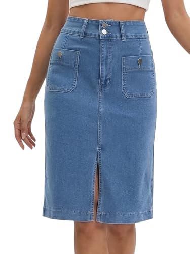 Jupe en jean femme taille haute mi-longue en denim extensible avec poches