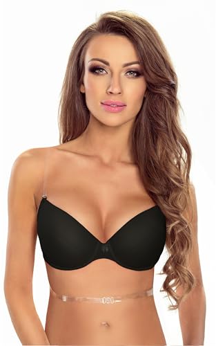 Vivisence Push Up Bra with Invisible Back Strap for Backless Dresses, Black,36D