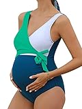 Summer Mae Maternity Swimsuit One Piece Tie Front Bathing Suit V Neck Pregnancy Swimwear High Cut, Green Blue, Large