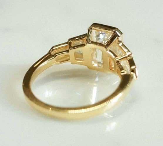 Bezel Set Five Stone Ring, Emerald Cut,Diamond Engagement Ring,14 KT Gold Plated,Wedding Ring For Women,Gifted For Her,Size 3-12.