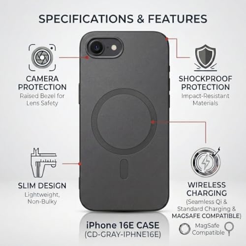 Image of amazon basics Premium Mag-Safe Case for iPhone 16E | Shockproof & Anti-Scratch Cover | Soft Silicone with Wireless Charging | Camera Lens Guard - Gray