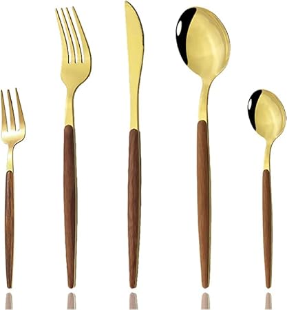 DANSR Flatware Silver Set of 20 Pieces Luxury Mirror Polished 18/10 Stainless Steel with Wooden Handle Dinnerware Knife Fork Spoon Tableware Set (Gold, 20)