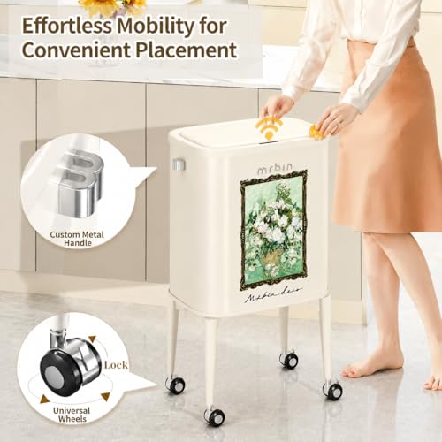 Image of MRBIN Metal Motion Sensor Kitchen Trash Can with Wheel Legs, Slim Waste Basket with Lid, 36L / 9.5gal Pet Proof Tall Narrow Garbage Pail for Vanity, Bathroom, Bedroom, Living Room, White Rose