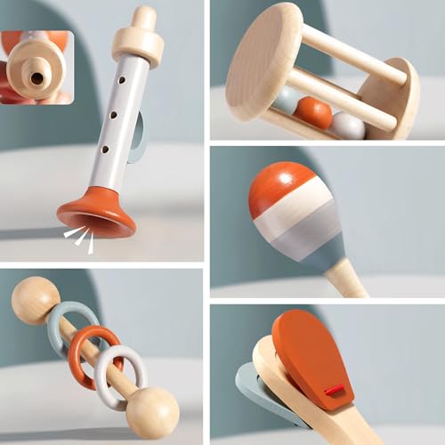 Kingbar 7-Teiliges Baby Musikinstrumente Set, Montessori Percussion-Instrumente, Regenmacher, Maracas, Trompete, Kastagnetten, Käfigrasseln, Musikspielzeug, 7 PCS