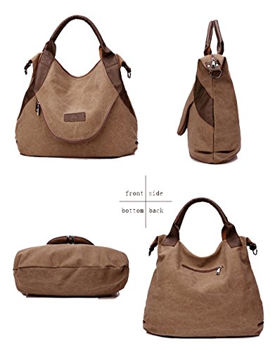 xiaoxiongmao Large Pocket Casual Women's Shoulder Cross body Handbags Canvas Leather Bags Coffee - Thumbnail 7
