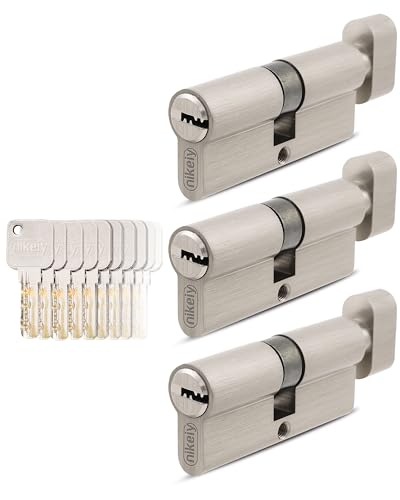 GERCAR Lot de 3 cylindres à bouton 30/30 à fermeture identique - 3 cylindres de serrure avec bouton et 15 clés - 60 mm - Serrure à cylindre 3 cylindres - Longueur : 60 mm, A : 30 - B : 30 - Laiton