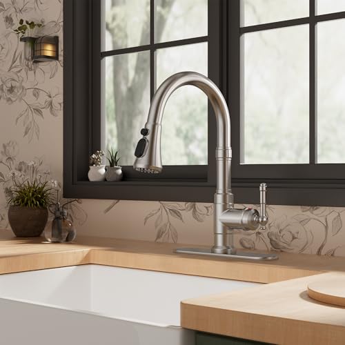 FORIOUS Vintage Kitchen Faucets with Pull Down Sprayer, Brushed Nickel High Arc Single Handle Stainless Steel Transitional Pull Out Sink Faucet for Farmhouse Camper Rv Bar, Fit for 1 or 3 Hole by FORIOUS - Used condition - Image 2