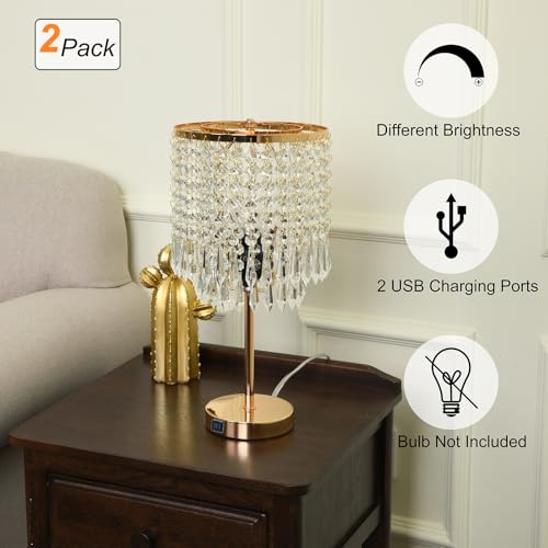 Lámparas de mesa de cristal doradas con 2 puertos USB miniatura 3
