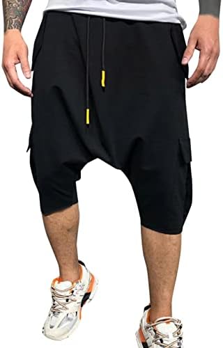WUAI-Men Drawstring 3/4 Harem Workout Jogger Hippie Drop Crotch Loose Baggy Cargo Capri Yoga Pants Plus Size(Black,Medium)