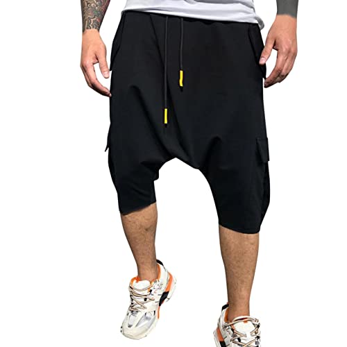 Wuai-Men Drawstring 3/4 Harem Workout Jogger Hippie Drop Crotch Loose Baggy Cargo Capri Yoga Pants Plus Size(Black,Medium) #TOP15