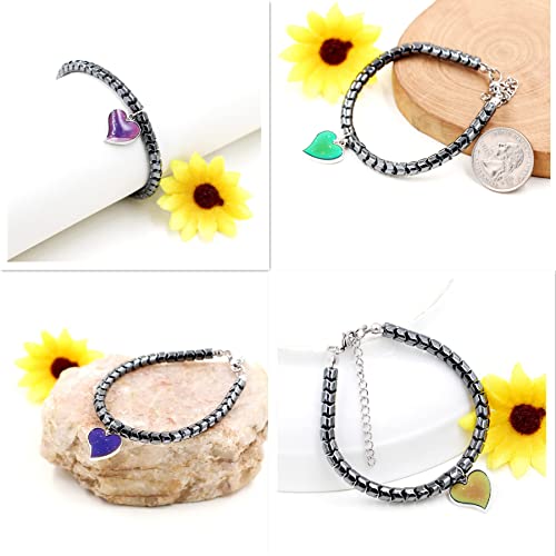 Image of A Pair of Gear-shape Hematite Bracelets with Color Changing Thermo Sensitive Mood Heart Charms, Couples Love Heart Bangles Gifts