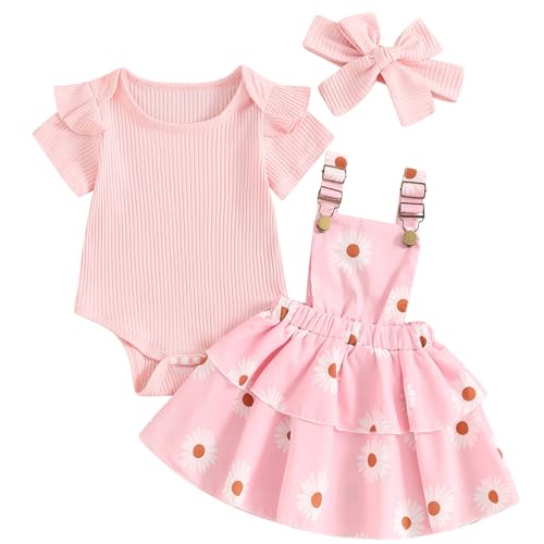 Image of Mubineo Baby Girl Summer Clothes Cute Outfits Short Sleeve Romper Overall Skirt Dress Headband 3PCS Newborn Outfit
