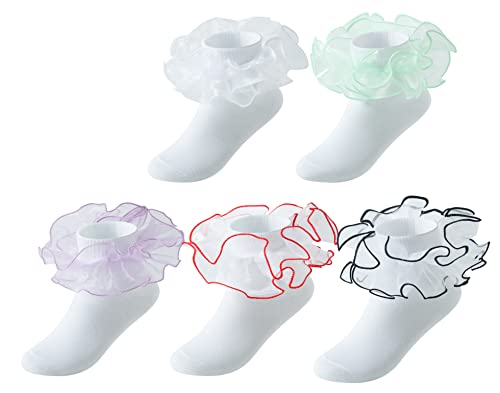 Eradria Little Girls 5 Pairs Multi-color Cotton Ruffle Frilly Lace Socks,Big Double Ruffle Ankle Socks Princess Dress Socks (X-Large, TYPE2)