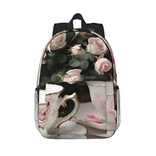 Sac d'école roses romantiques et tasses à thé, l'élégance shabby pour le plein air