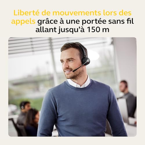 Jabra Engage 55 - Micro-casque stéréo sans fil avec adaptateur DECT, Microphone à réduction de bruit, Portée étendue et base de chargement - Certifié Google Meet/Zoom - Compatible UC - Noir