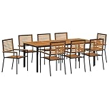 Este juego de comedor de jardín grande es una opción elegante y espaciosa para comer al aire libre, ideal para reuniones grandes en balcones o patios. Su mezcla de metal negro y madera de teca rústica es perfecta para quienes quieren darle un estilo a su espacio exterior.