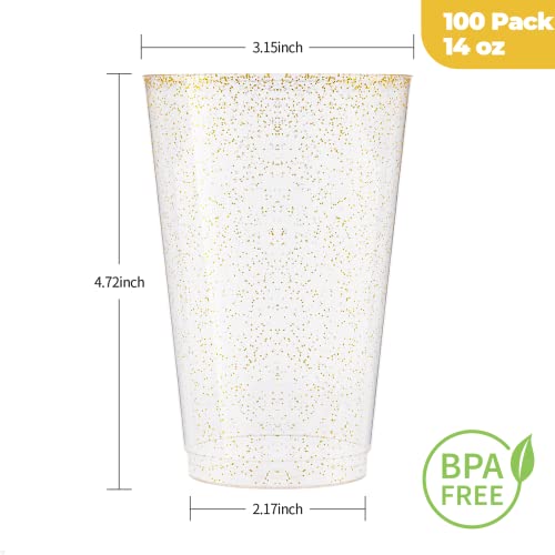 100Pcs 14Oz Glitter Plastic Cups For Party, Disposable Gold Plastic Cups, Plastic Cocktail Glasses For Wedding Thanksgiving, Christmas, And Parties #TOP3